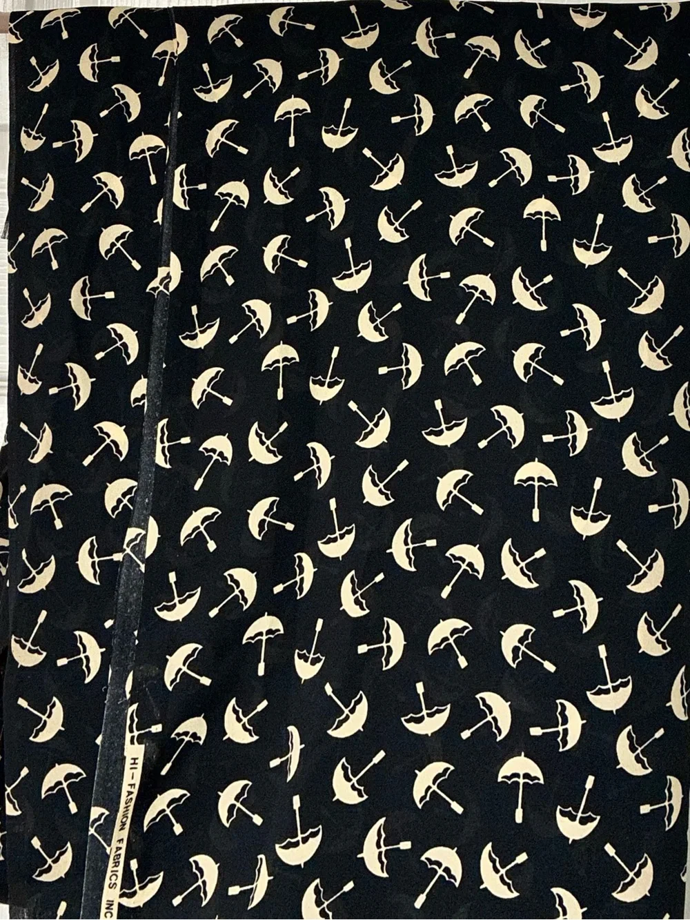 Vintage Fabric for Sewing, 1990's. Black  Print w/ Off White Parasols. 3+ Yards